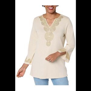 Bellisima Women's Slub Knit Boutique Beaded Tunic Sand Bar/Gold - Petite